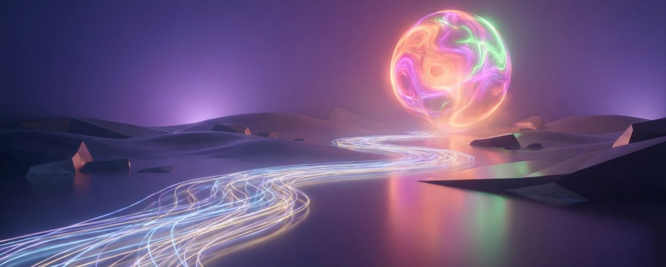 Un paysage onirique et futuriste avec un orbe énergétique coloré et une rivière de traînées lumineuses sur un sol réfléchissant.