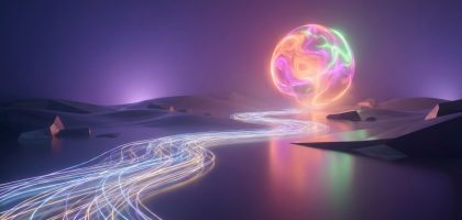 Un paysage onirique et futuriste avec un orbe énergétique coloré et une rivière de traînées lumineuses sur un sol réfléchissant.