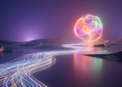 Un paysage onirique et futuriste avec un orbe énergétique coloré et une rivière de traînées lumineuses sur un sol réfléchissant.