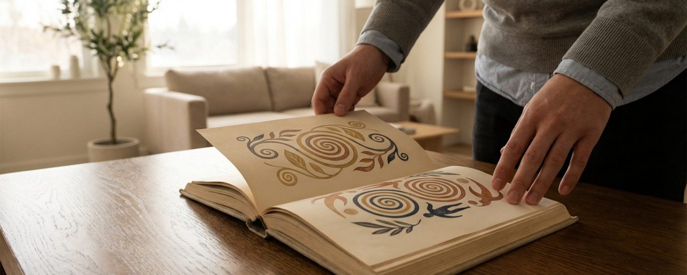 Mains ouvrant un vieux livre aux motifs abstraits et colorés sur une table en bois. Salon lumineux en arrière-plan.