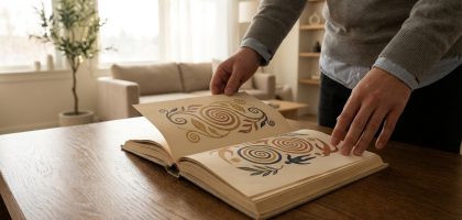 Mains ouvrant un vieux livre aux motifs abstraits et colorés sur une table en bois. Salon lumineux en arrière-plan.