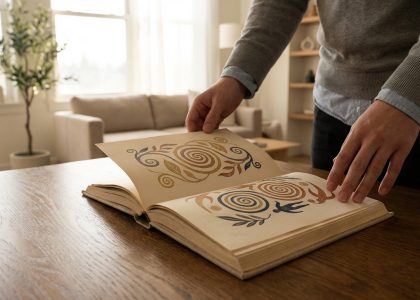 Mains ouvrant un vieux livre aux motifs abstraits et colorés sur une table en bois. Salon lumineux en arrière-plan.