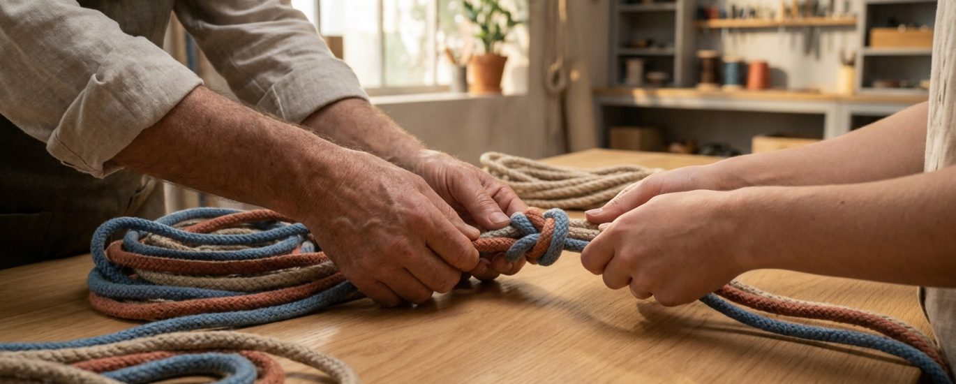 Gros plan sur deux paires de mains, une adulte et une plus jeune, apprenant à nouer des cordes colorées sur une table en bois, dans un atelier.
