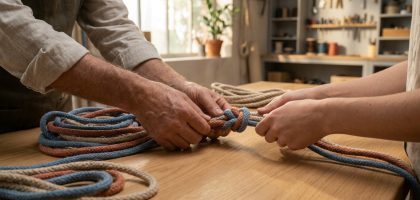 Gros plan sur deux paires de mains, une adulte et une plus jeune, apprenant à nouer des cordes colorées sur une table en bois, dans un atelier.