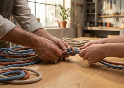 Gros plan sur deux paires de mains, une adulte et une plus jeune, apprenant à nouer des cordes colorées sur une table en bois, dans un atelier.