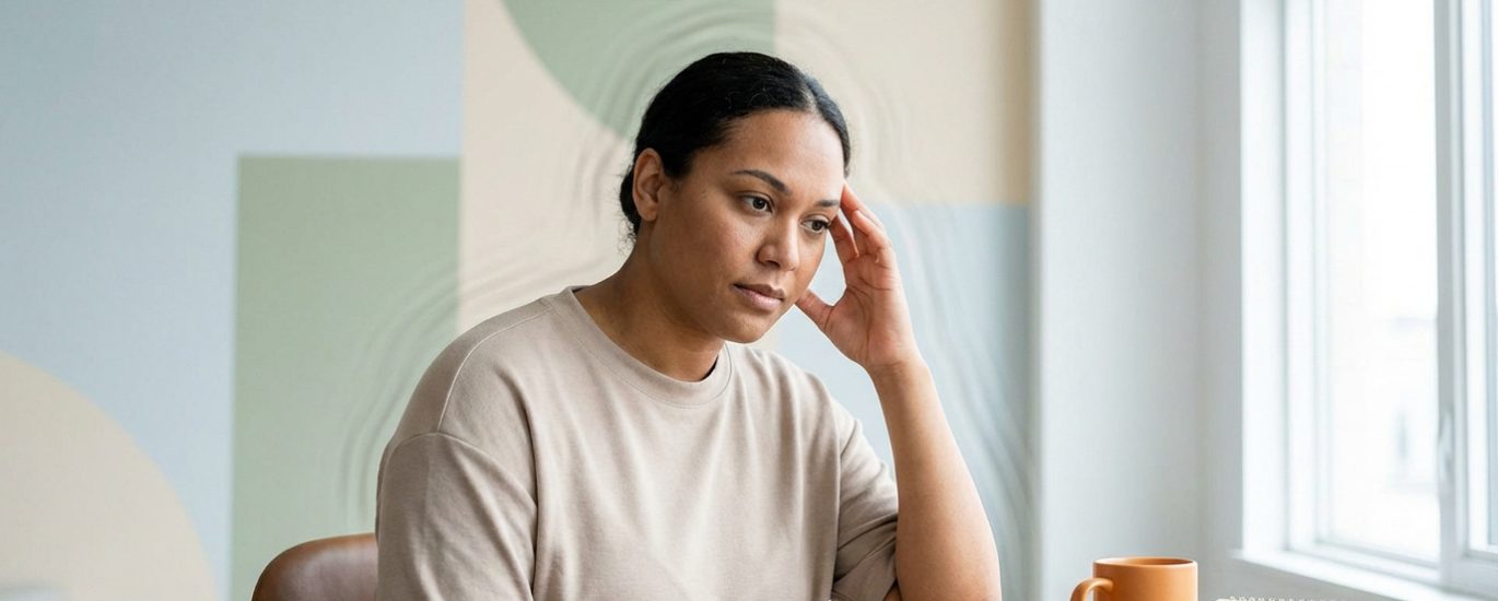 Femme assise à un bureau, main sur la tempe, l'air pensive ou souffrant de maux de tête. Une tasse et des cahiers sont visibles.