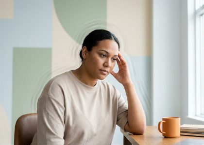 Femme assise à un bureau, main sur la tempe, l'air pensive ou souffrant de maux de tête. Une tasse et des cahiers sont visibles.