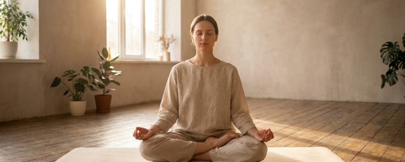 Femme méditant en position du lotus sur un tapis de yoga, dans une pièce lumineuse avec des plantes et un sol en bois.