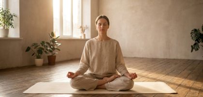 Femme méditant en position du lotus sur un tapis de yoga, dans une pièce lumineuse avec des plantes et un sol en bois.