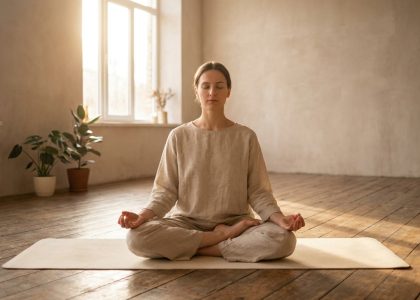 Femme méditant en position du lotus sur un tapis de yoga, dans une pièce lumineuse avec des plantes et un sol en bois.