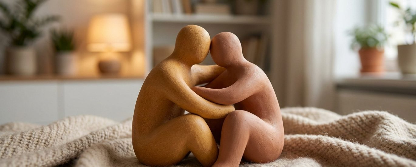 Deux figurines en terre cuite s'enlaçant tendrement sur une couverture en maille douce dans un salon chaleureux.