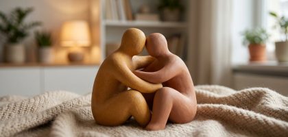 Deux figurines en terre cuite s'enlaçant tendrement sur une couverture en maille douce dans un salon chaleureux.