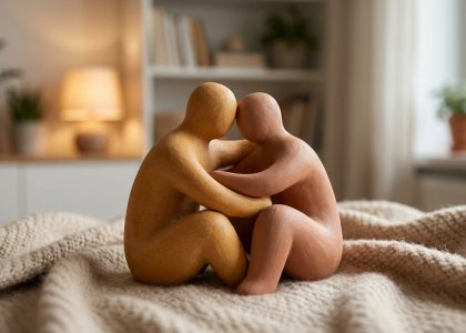 Deux figurines en terre cuite s'enlaçant tendrement sur une couverture en maille douce dans un salon chaleureux.