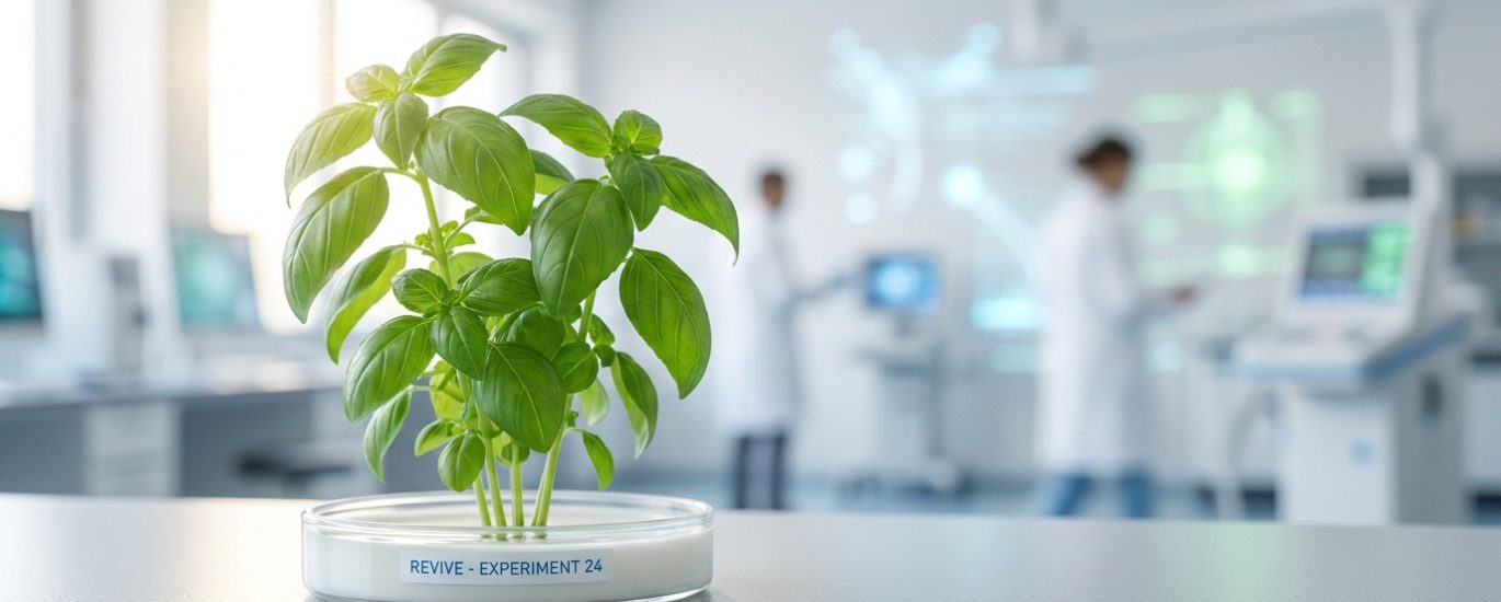 Plante verte dans une boîte de Pétri 'REVIVE - EXPERIMENT 24' sur une paillasse de laboratoire moderne. Des chercheurs sont en arrière-plan.