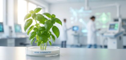 Plante verte dans une boîte de Pétri 'REVIVE - EXPERIMENT 24' sur une paillasse de laboratoire moderne. Des chercheurs sont en arrière-plan.