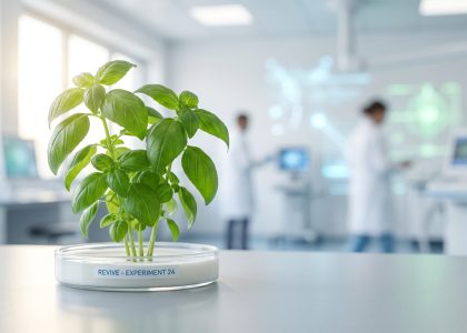 Plante verte dans une boîte de Pétri 'REVIVE - EXPERIMENT 24' sur une paillasse de laboratoire moderne. Des chercheurs sont en arrière-plan.