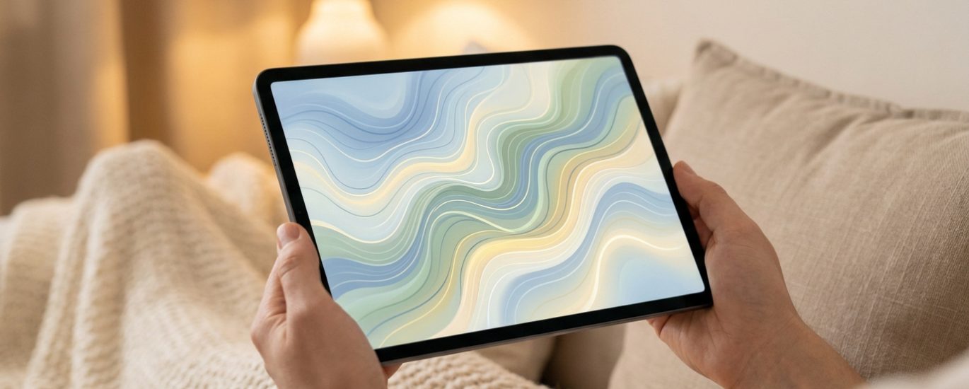 Personne tenant une tablette avec un fond d'écran abstrait aux vagues douces, assise confortablement dans un salon.