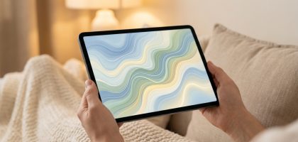 Personne tenant une tablette avec un fond d'écran abstrait aux vagues douces, assise confortablement dans un salon.