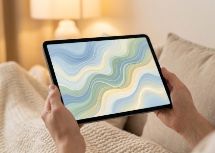 Personne tenant une tablette avec un fond d'écran abstrait aux vagues douces, assise confortablement dans un salon.