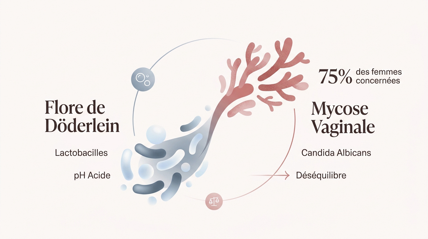 Représentation de l'équilibre du microbiote vaginal et prolifération de Candida albicans