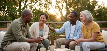 Groupe de quatre personnes adultes discutant sereinement sur une terrasse au coucher du soleil.