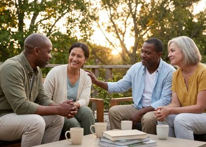 Groupe de quatre personnes adultes discutant sereinement sur une terrasse au coucher du soleil.