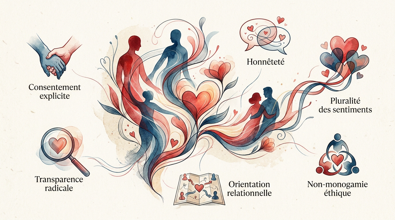 Illustration symbolisant la connexion émotionnelle et la fluidité des liens dans le polyamour