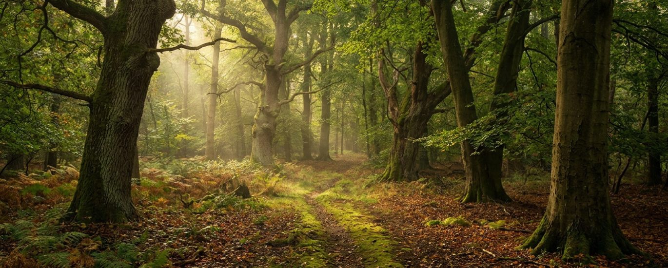 Un chemin étroit serpente à travers une forêt ancienne avec des rayons de soleil traversant le feuillage dense.