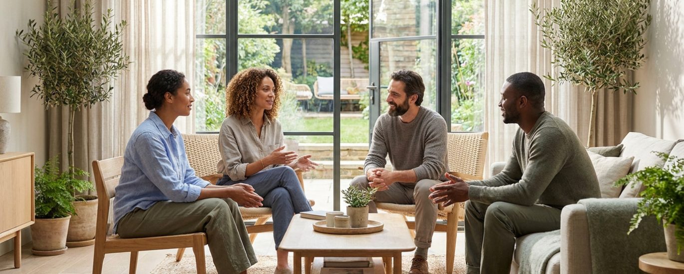 Quatre personnes de diverses origines discutent chaleureusement dans un salon lumineux et chaleureux.