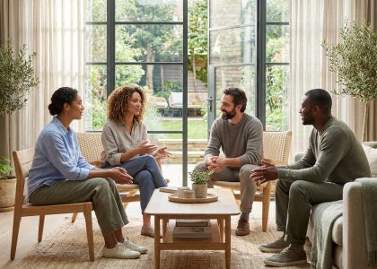 Quatre personnes de diverses origines discutent chaleureusement dans un salon lumineux et chaleureux.