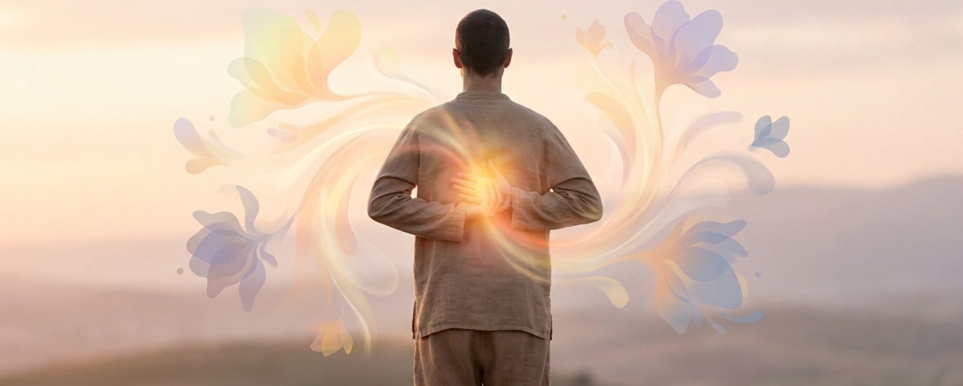 Homme de dos dans un paysage serein, entouré d'une aura lumineuse en forme de fleurs symbolisant l'énergie vitale.
