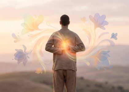 Homme de dos dans un paysage serein, entouré d'une aura lumineuse en forme de fleurs symbolisant l'énergie vitale.