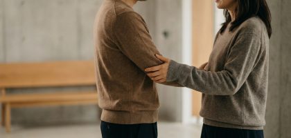 Un homme et une femme se tenant face à face, se tenant doucement le bras dans une interaction intime et respectueuse.