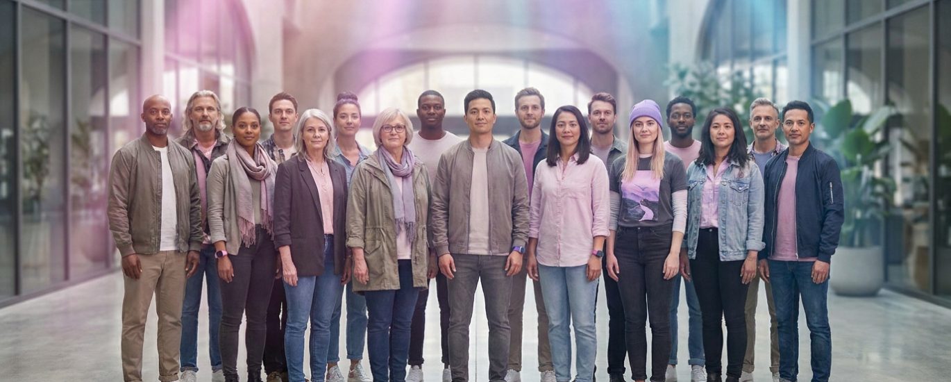 Un groupe diversifié de personnes debout ensemble dans un hall lumineux, avec des reflets subtils aux couleurs bisexuelles.