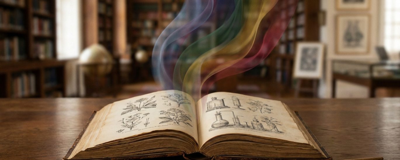 Vieux livre ouvert sur une table avec une fumée arc-en-ciel s'en échappant dans une bibliothèque ancienne.