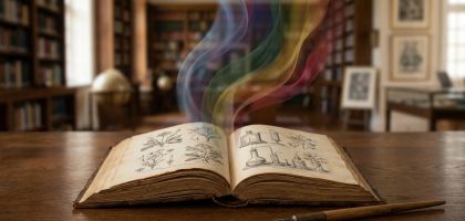 Vieux livre ouvert sur une table avec une fumée arc-en-ciel s'en échappant dans une bibliothèque ancienne.
