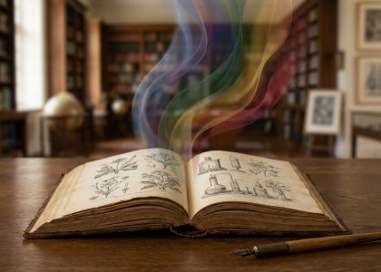 Vieux livre ouvert sur une table avec une fumée arc-en-ciel s'en échappant dans une bibliothèque ancienne.